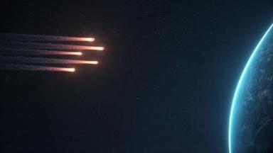 Burning meteoroids heading into the Earth's atmosphere, very realistic movement and visuals, extreme